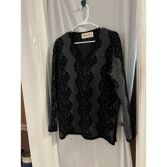 Jennifer Roberts Black Gray Wool Faux Lace Detail Tunic Sweater Sz L As Is - Picture 1 of 6